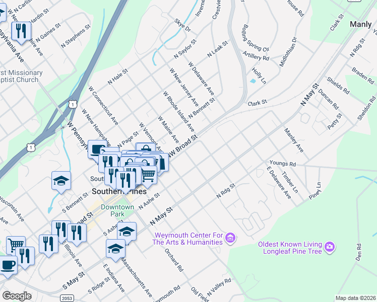 map of restaurants, bars, coffee shops, grocery stores, and more near 165 East Maine Avenue in Southern Pines