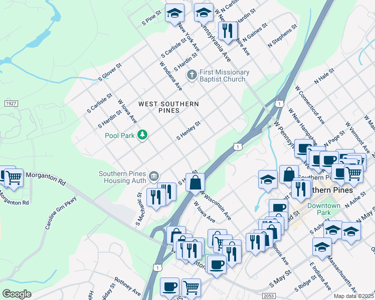 map of restaurants, bars, coffee shops, grocery stores, and more near 570 South Mechanic Street in Southern Pines
