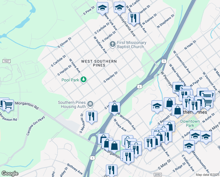 map of restaurants, bars, coffee shops, grocery stores, and more near 570 South Mechanic Street in Southern Pines