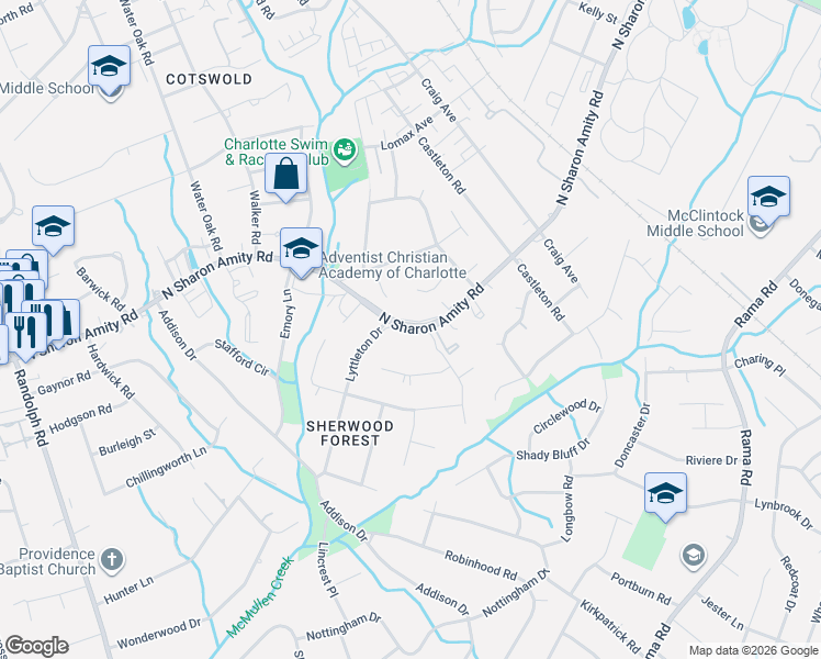 map of restaurants, bars, coffee shops, grocery stores, and more near in Charlotte