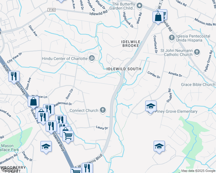 map of restaurants, bars, coffee shops, grocery stores, and more near 7844 East Lane Drive in Charlotte