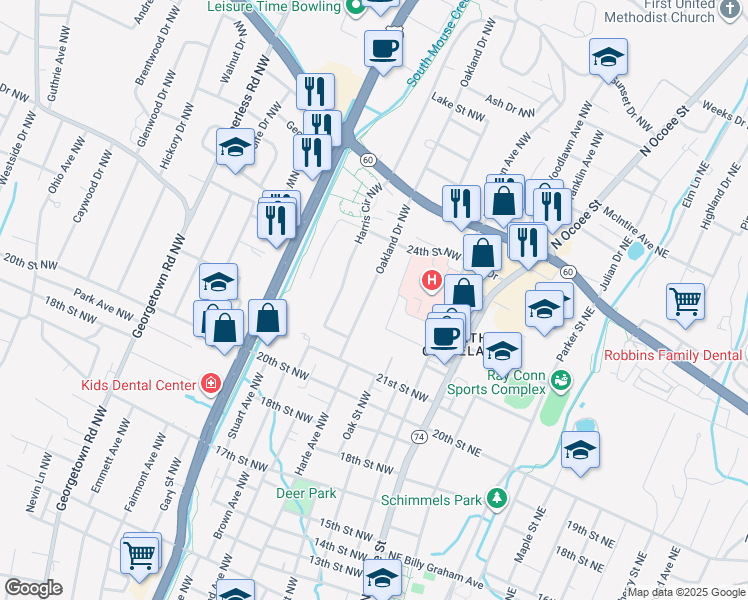 map of restaurants, bars, coffee shops, grocery stores, and more near 2114 Oakland Drive Northwest in Cleveland