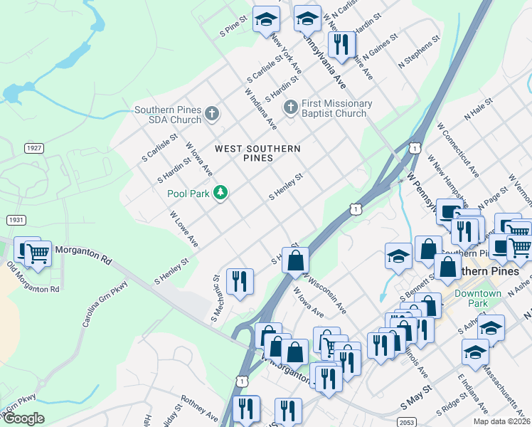 map of restaurants, bars, coffee shops, grocery stores, and more near 783 West Iowa Avenue in Southern Pines