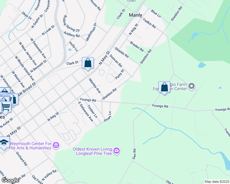 map of restaurants, bars, coffee shops, grocery stores, and more near 311 Sheldon Road in Southern Pines