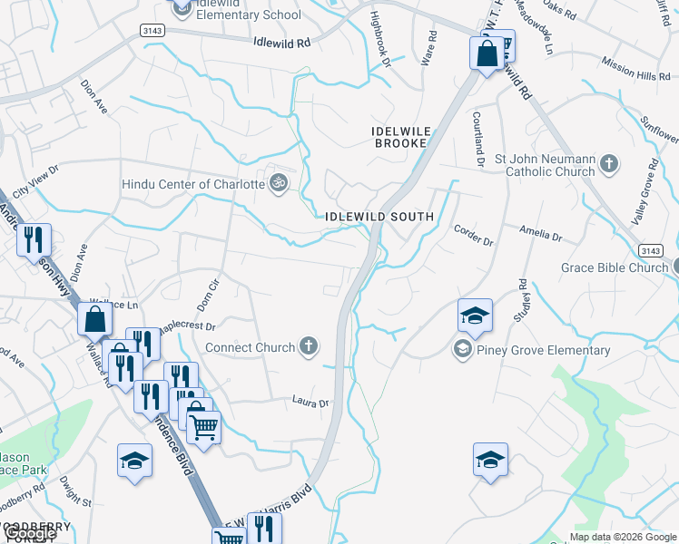 map of restaurants, bars, coffee shops, grocery stores, and more near 7928 East Lane Drive in Charlotte