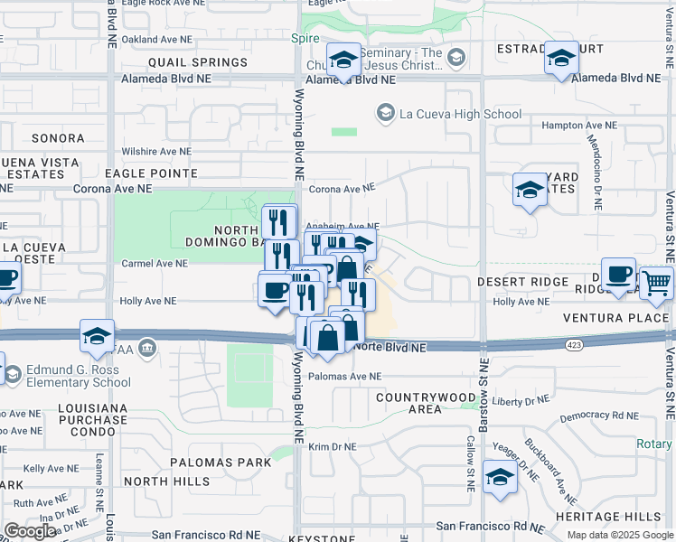 map of restaurants, bars, coffee shops, grocery stores, and more near 7900 Carmel Avenue Northeast in Albuquerque