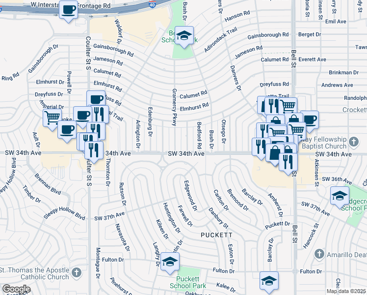 map of restaurants, bars, coffee shops, grocery stores, and more near 6598 Southwest 34th Avenue in Amarillo