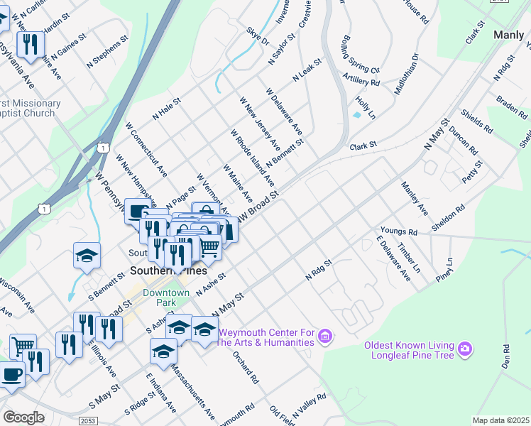 map of restaurants, bars, coffee shops, grocery stores, and more near 165 East Maine Avenue in Southern Pines