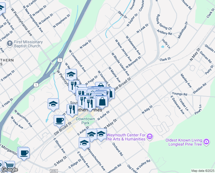 map of restaurants, bars, coffee shops, grocery stores, and more near 120 West Vermont Avenue in Southern Pines
