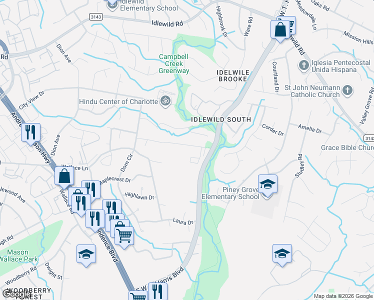 map of restaurants, bars, coffee shops, grocery stores, and more near 7844 East Lane Drive in Charlotte