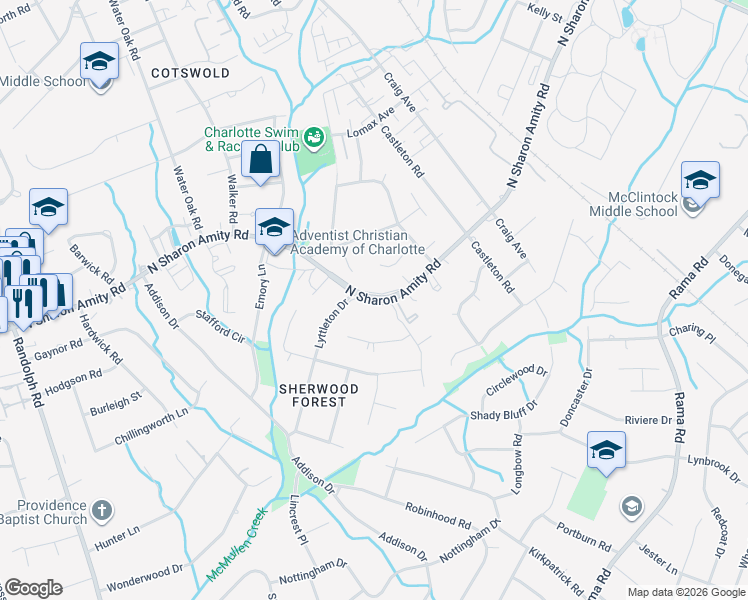 map of restaurants, bars, coffee shops, grocery stores, and more near in Charlotte