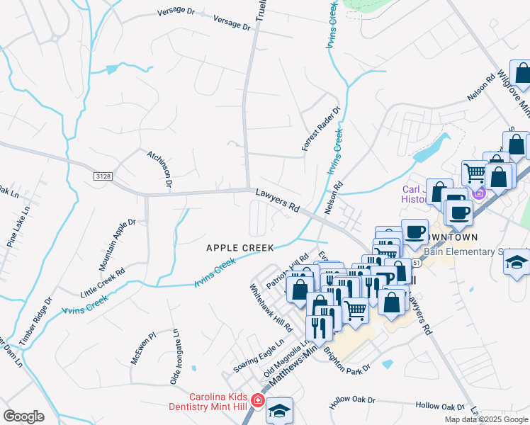 map of restaurants, bars, coffee shops, grocery stores, and more near 10830 Lawyers Road in Mint Hill