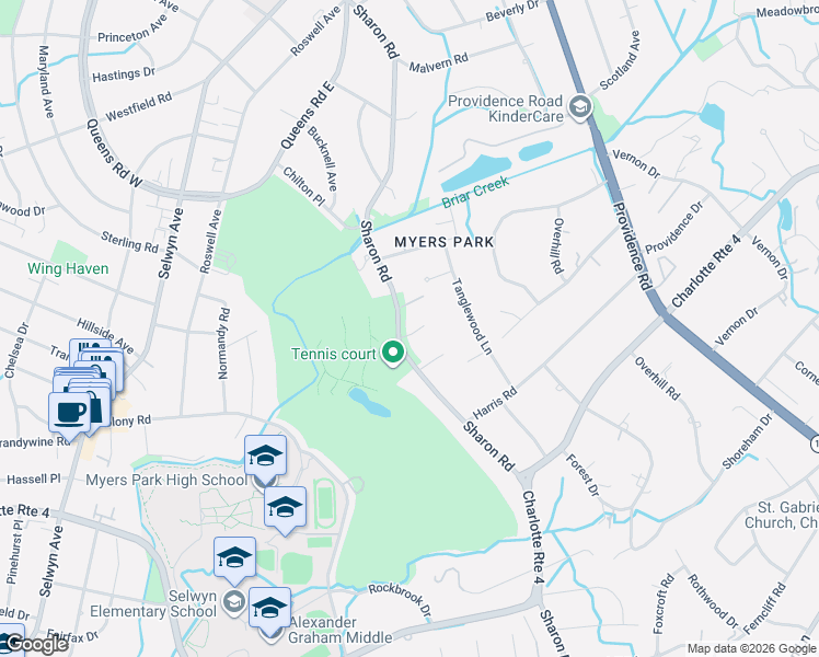 map of restaurants, bars, coffee shops, grocery stores, and more near 2527 Sharon Road in Charlotte