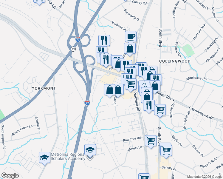 map of restaurants, bars, coffee shops, grocery stores, and more near 5057 Chinook Lane in Charlotte