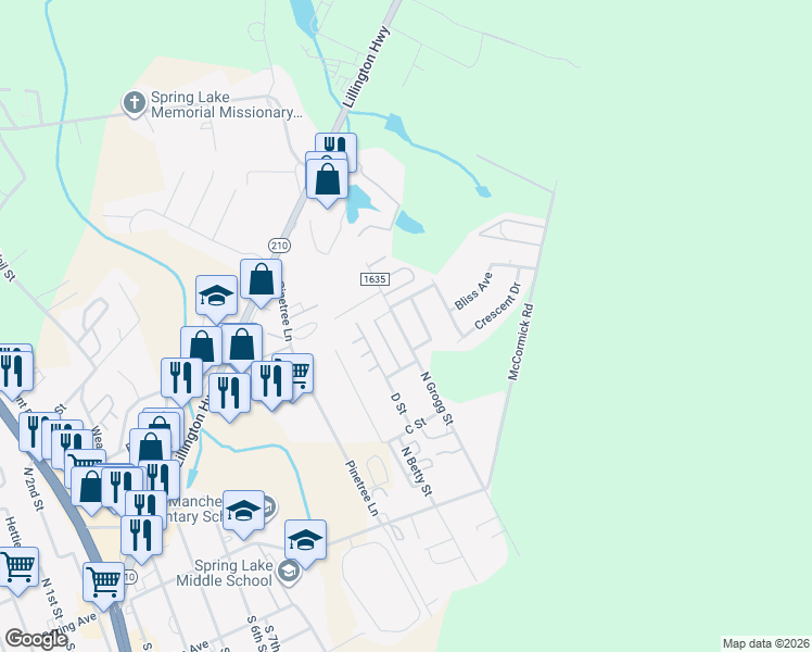 map of restaurants, bars, coffee shops, grocery stores, and more near 440 North Grogg Street in Spring Lake