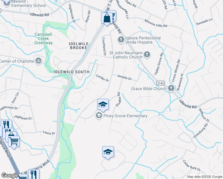map of restaurants, bars, coffee shops, grocery stores, and more near 8500 Longbriar Drive in Charlotte