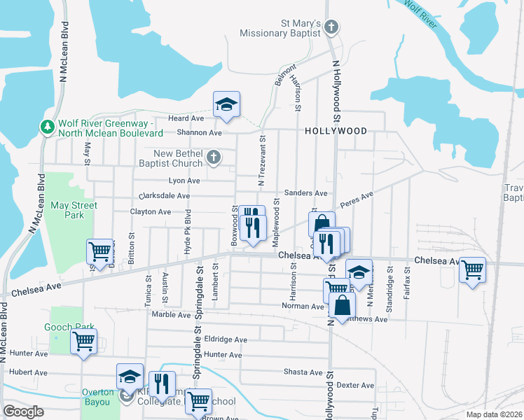 map of restaurants, bars, coffee shops, grocery stores, and more near 1475 North Trezevant Street in Memphis