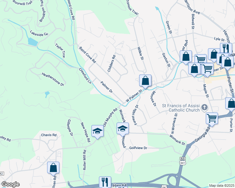 map of restaurants, bars, coffee shops, grocery stores, and more near 79 Palmer Drive in Franklin