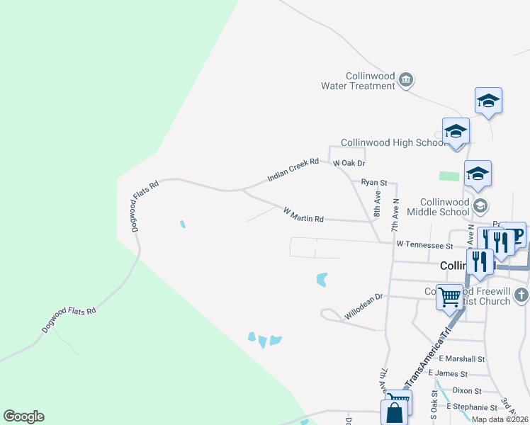 map of restaurants, bars, coffee shops, grocery stores, and more near Waterfall Creek Road in Collinwood