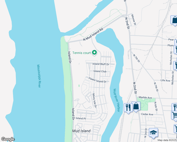map of restaurants, bars, coffee shops, grocery stores, and more near 1345 Island Shore Drive in Memphis