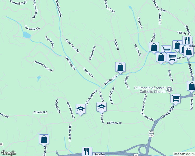 map of restaurants, bars, coffee shops, grocery stores, and more near 79 Palmer Drive in Franklin