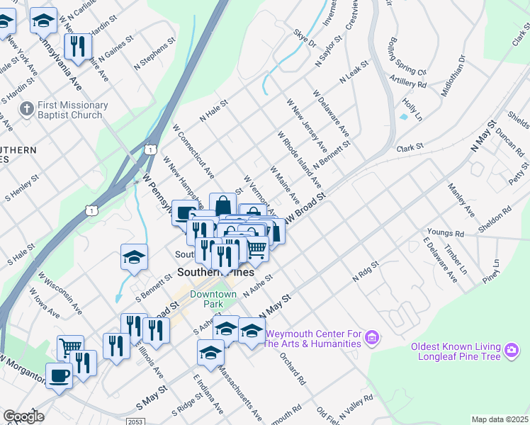 map of restaurants, bars, coffee shops, grocery stores, and more near 120 West Vermont Avenue in Southern Pines