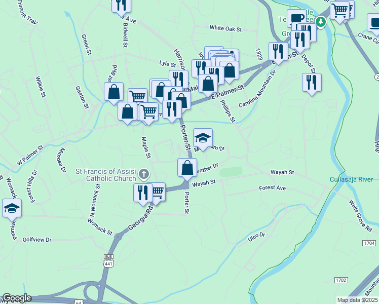 map of restaurants, bars, coffee shops, grocery stores, and more near Porter Street in Franklin