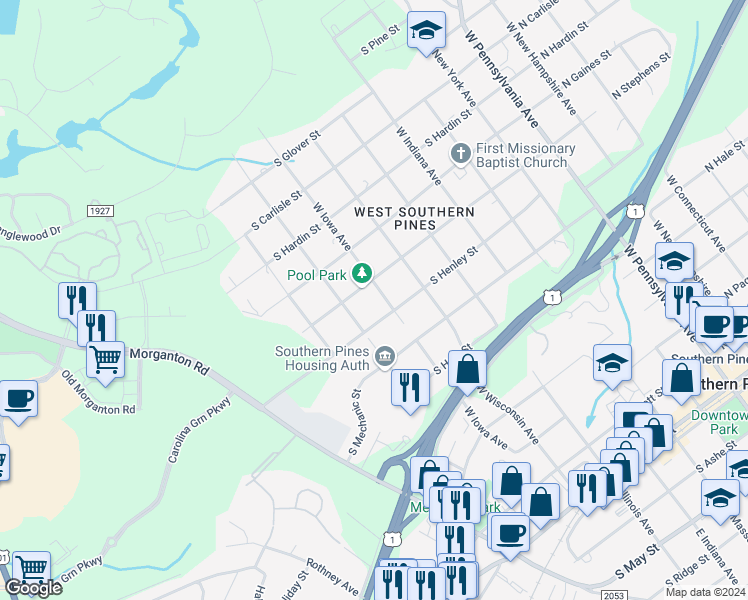 map of restaurants, bars, coffee shops, grocery stores, and more near 730 South Henley Street in Southern Pines