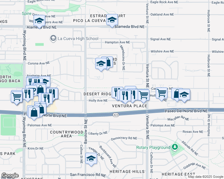 map of restaurants, bars, coffee shops, grocery stores, and more near 8704 Desert Fox Way Northeast in Albuquerque