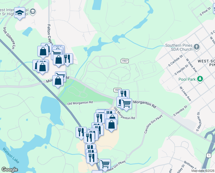 map of restaurants, bars, coffee shops, grocery stores, and more near Morganton Road in Southern Pines