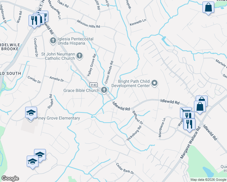 map of restaurants, bars, coffee shops, grocery stores, and more near 8835 Idlewild Road in Charlotte