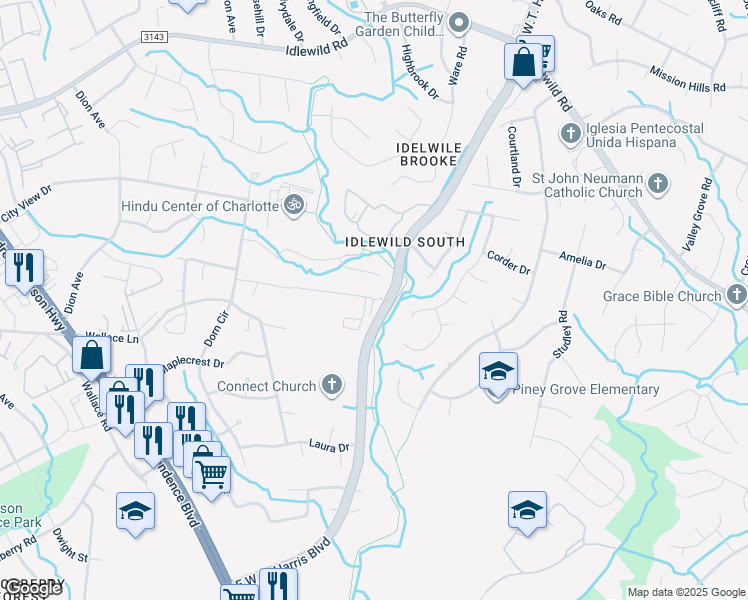 map of restaurants, bars, coffee shops, grocery stores, and more near 7928 East Lane Drive in Charlotte
