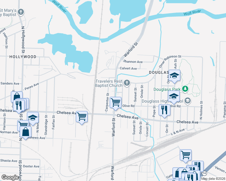 map of restaurants, bars, coffee shops, grocery stores, and more near 1611 Warford Street in Memphis
