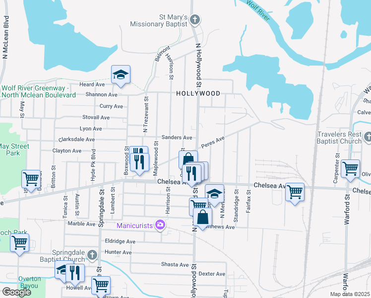 map of restaurants, bars, coffee shops, grocery stores, and more near 2429 Peres Avenue in Memphis