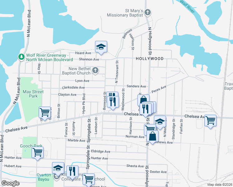 map of restaurants, bars, coffee shops, grocery stores, and more near 1475 North Trezevant Street in Memphis