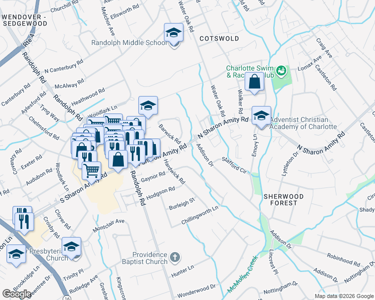 map of restaurants, bars, coffee shops, grocery stores, and more near 4739 Gaynor Road in Charlotte