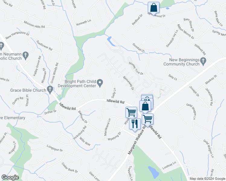 map of restaurants, bars, coffee shops, grocery stores, and more near 3727 Sally Lane in Charlotte