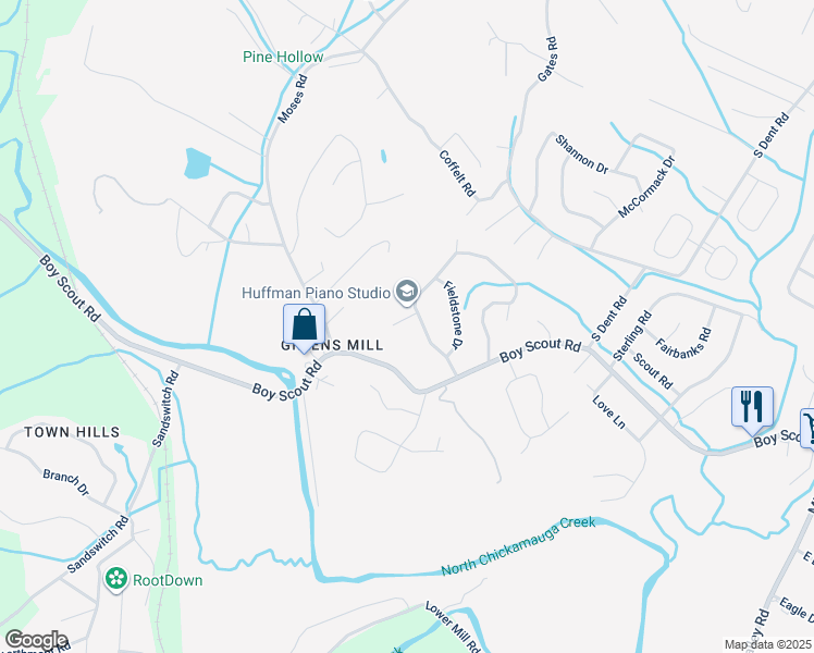 map of restaurants, bars, coffee shops, grocery stores, and more near 1006 Woodfield Lane in Hixson