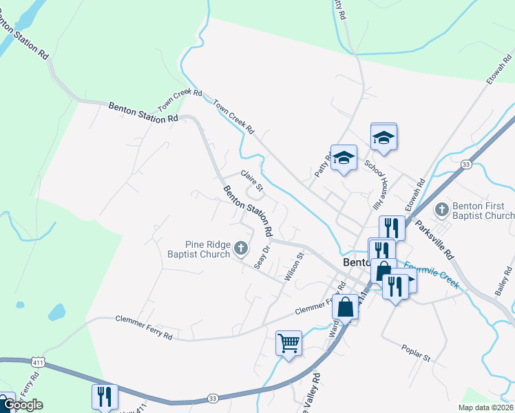 map of restaurants, bars, coffee shops, grocery stores, and more near 1642 Benton Station Road in Benton