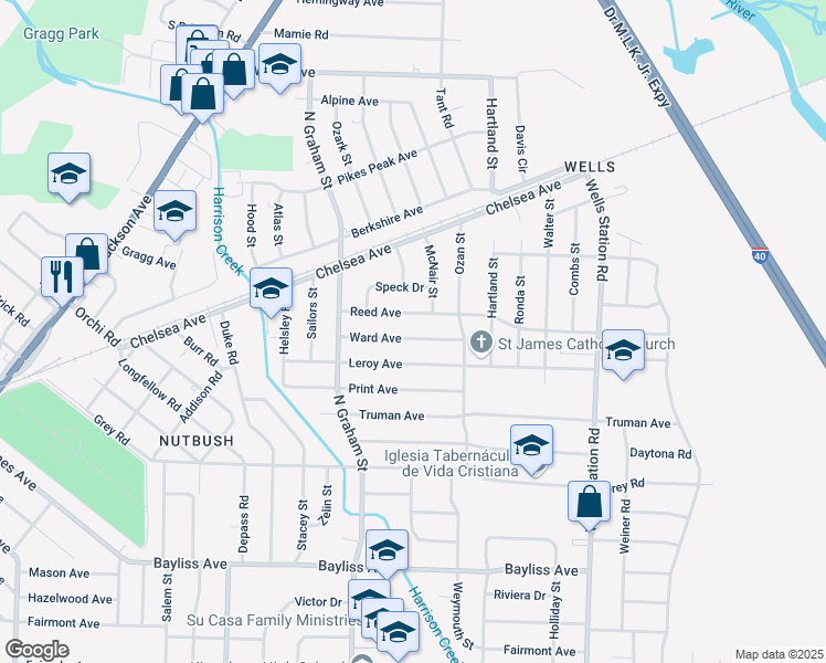 map of restaurants, bars, coffee shops, grocery stores, and more near 4111 Ward Avenue in Memphis