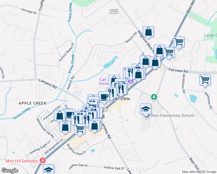 map of restaurants, bars, coffee shops, grocery stores, and more near in Mint Hill