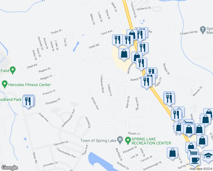 map of restaurants, bars, coffee shops, grocery stores, and more near 204 Laketree Boulevard in Spring Lake