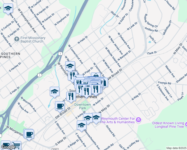 map of restaurants, bars, coffee shops, grocery stores, and more near 230 West Connecticut Avenue in Southern Pines