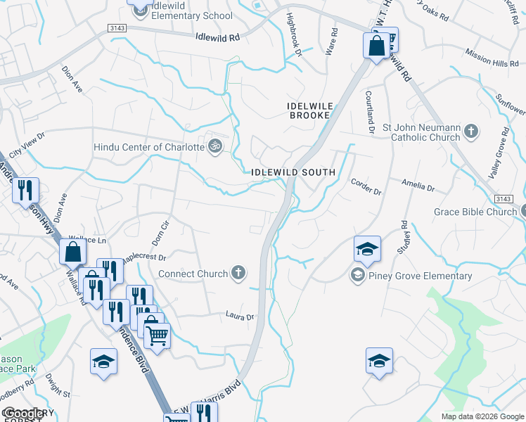 map of restaurants, bars, coffee shops, grocery stores, and more near 7844 East Lane Drive in Charlotte