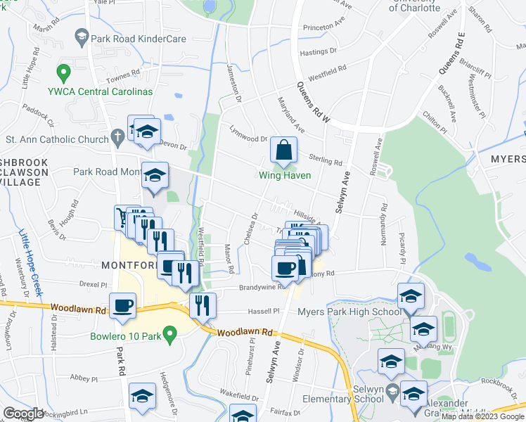 map of restaurants, bars, coffee shops, grocery stores, and more near 243 Tranquil Avenue in Charlotte