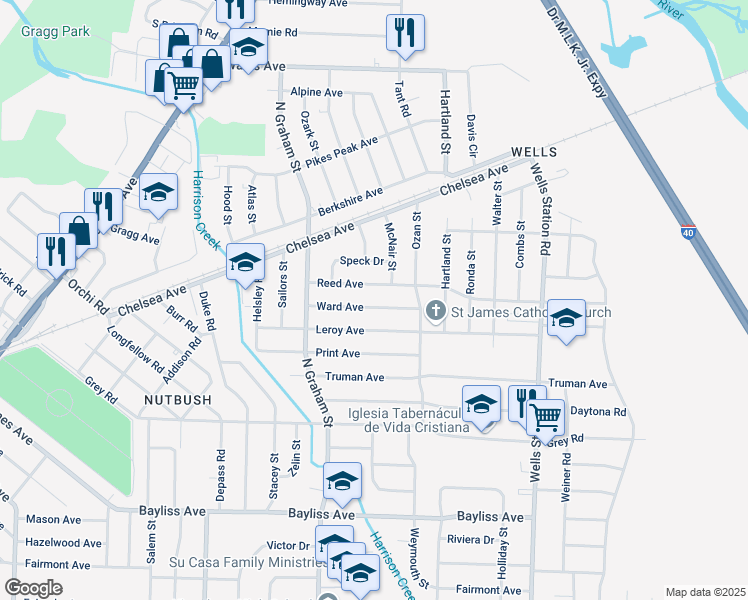 map of restaurants, bars, coffee shops, grocery stores, and more near 4111 Ward Avenue in Memphis