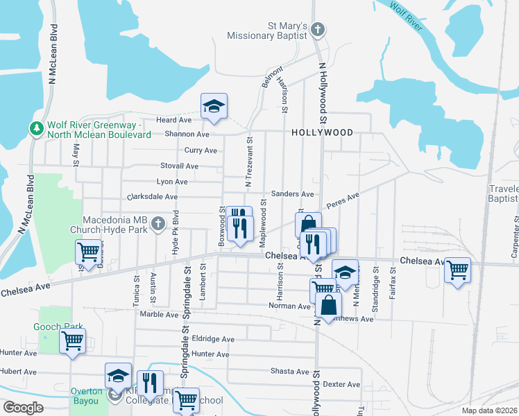map of restaurants, bars, coffee shops, grocery stores, and more near 1479 Maplewood Street in Memphis