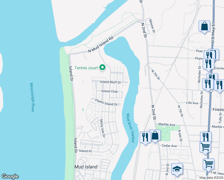 map of restaurants, bars, coffee shops, grocery stores, and more near 1329 Island Town Drive in Memphis