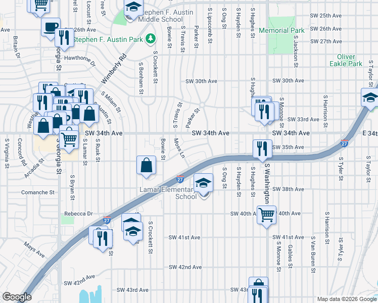 map of restaurants, bars, coffee shops, grocery stores, and more near 1417 Southwest 35th Avenue in Amarillo