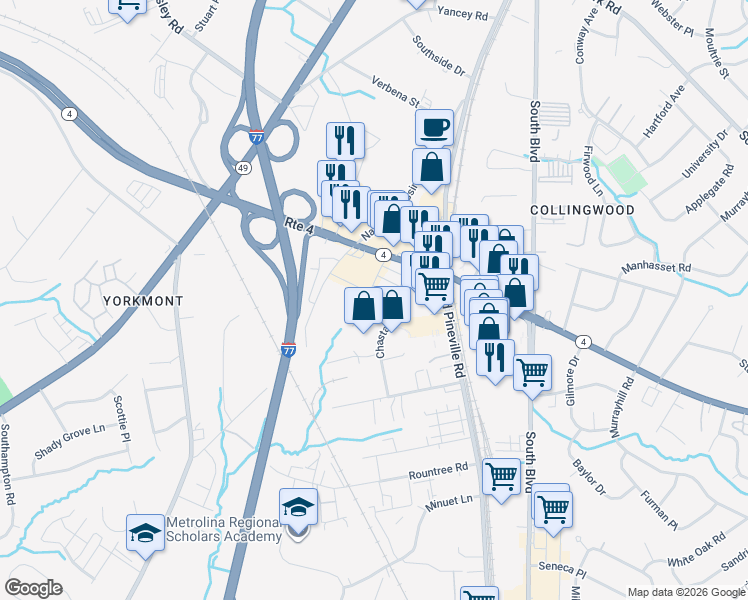 map of restaurants, bars, coffee shops, grocery stores, and more near 210 E Woodlawn Rd in Charlotte
